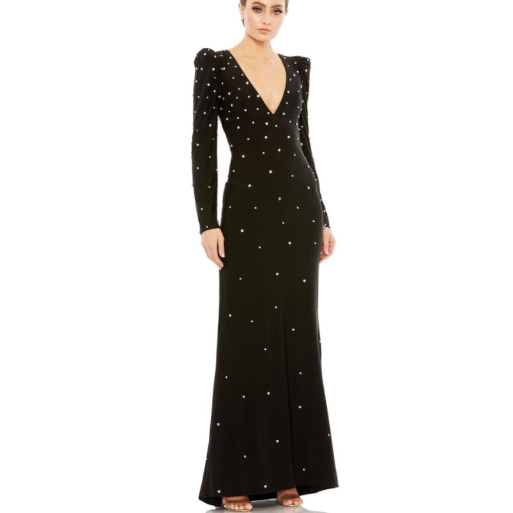 Mac Duggal 55797 Rhinestone Encrusted Long Sleeve V-Neck Black Gown Maxi